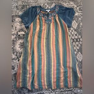 Go Softly Patio EMBROIDERED Chambray Denim DRESS POCKETS HOUSE MuMu Vintage midi